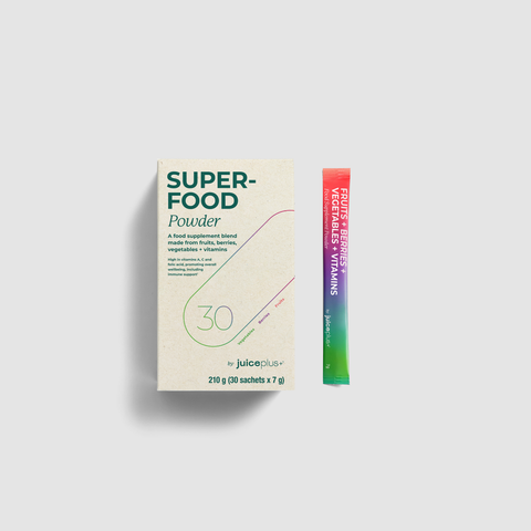 Juice Plus+Superfood powder package with a smaller packet on a light gray background